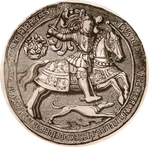 2 image: midievel coin of mounted knight in armour. There is a dog running along side the horse.